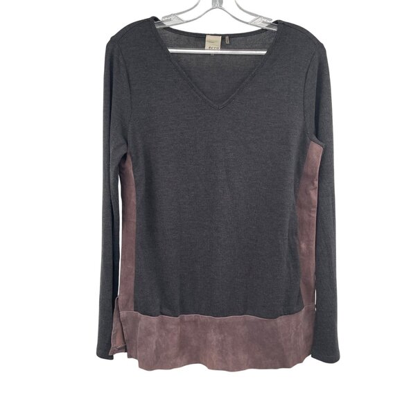 Ecru Women's Leather Trimmed Top Long Sleeve Gray/Mauve Size Small - Picture 1 of 9